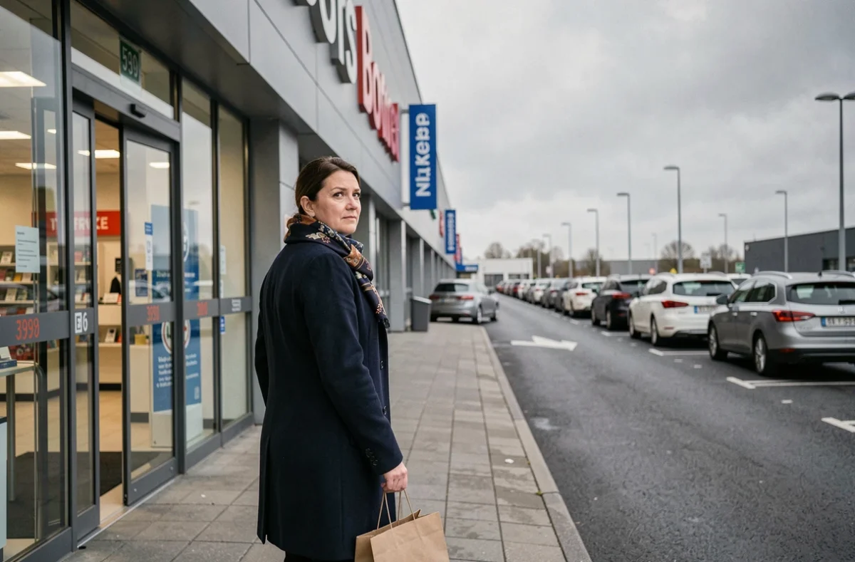 Une femme sort d'un magasin duty-free frontalier avec des achats de cartouches de cigarettes