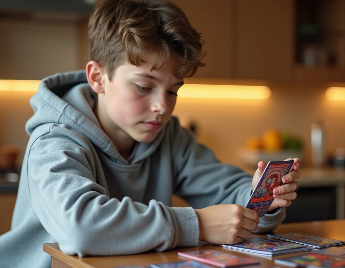 Adolescent découvrant une carte rare holographique de l'album Marvel Leclerc 2026 dans une cuisine familiale