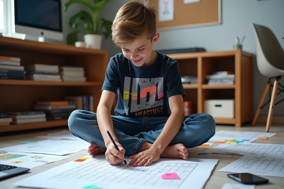 Adolescent assis sur le sol de sa chambre en train de colorier des grilles de pixel art avec des crayons de couleur et des fiches de codes