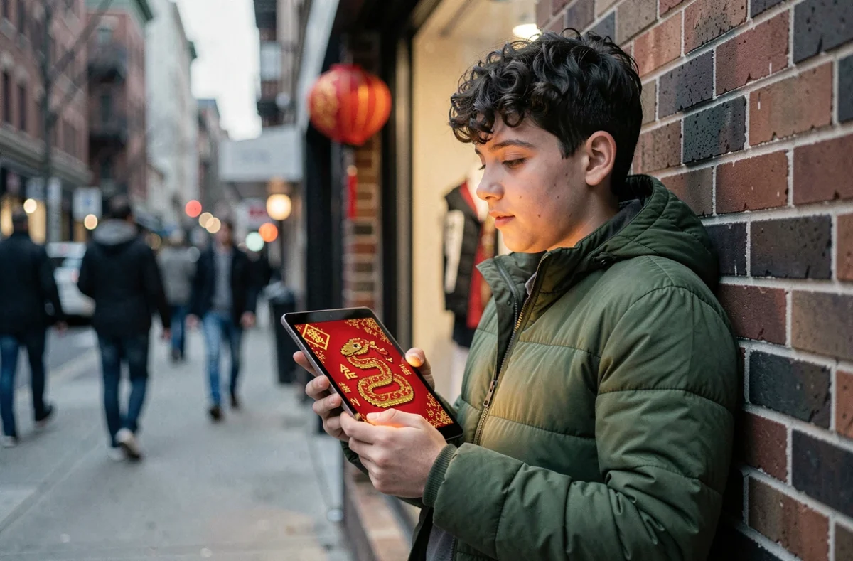 Adolescent jouant au jeu Google Doodle Année du Serpent sur une tablette en extérieur dans une rue urbaine décorée pour le Nouvel An chinois