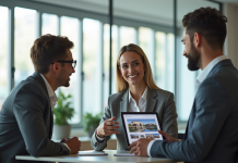 Agent immobilier utilisant une tablette pour montrer des biens