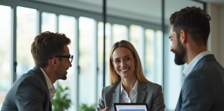 Agent immobilier utilisant une tablette pour montrer des biens