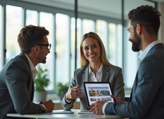 Agent immobilier utilisant une tablette pour montrer des biens