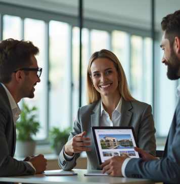 Agent immobilier utilisant une tablette pour montrer des biens