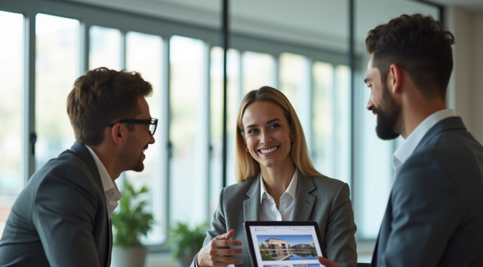 Agent immobilier utilisant une tablette pour montrer des biens