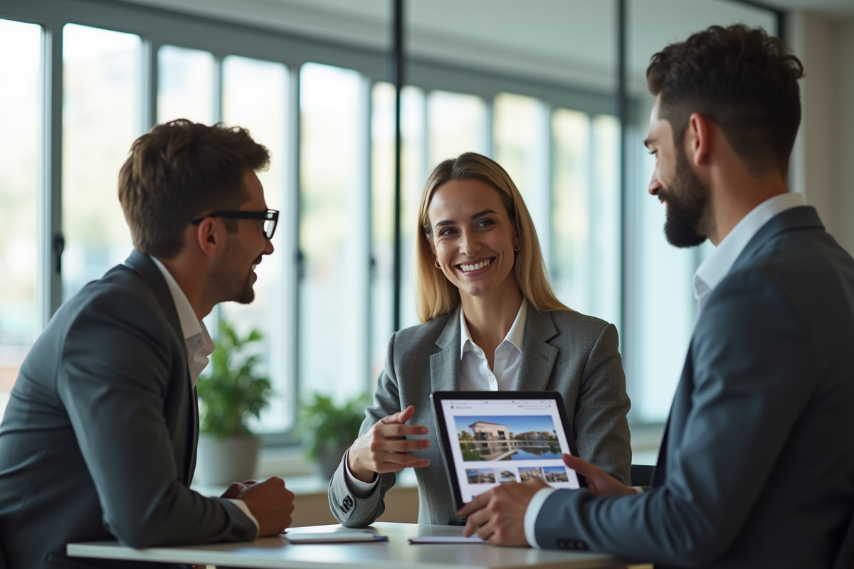 Agent immobilier utilisant une tablette pour montrer des biens