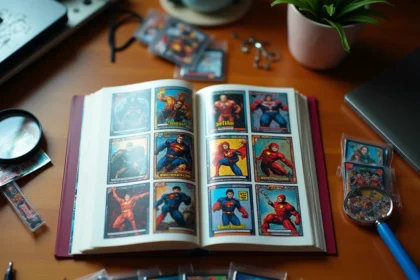 Album de stickers Marvel Leclerc 2026 ouvert avec des cartes rares holographiques et des pochettes à collectionner sur une table en bois