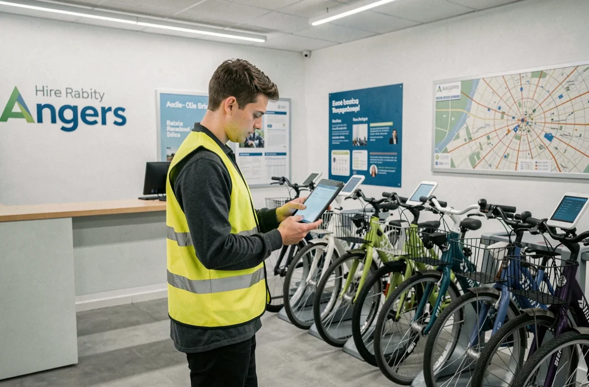 Employé d'Allovélo Angers scannant un vélo en libre-service dans une station de mobilité urbaine moderne