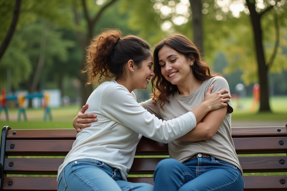 Deux femmes se font un câlin dans un parc ensoleille