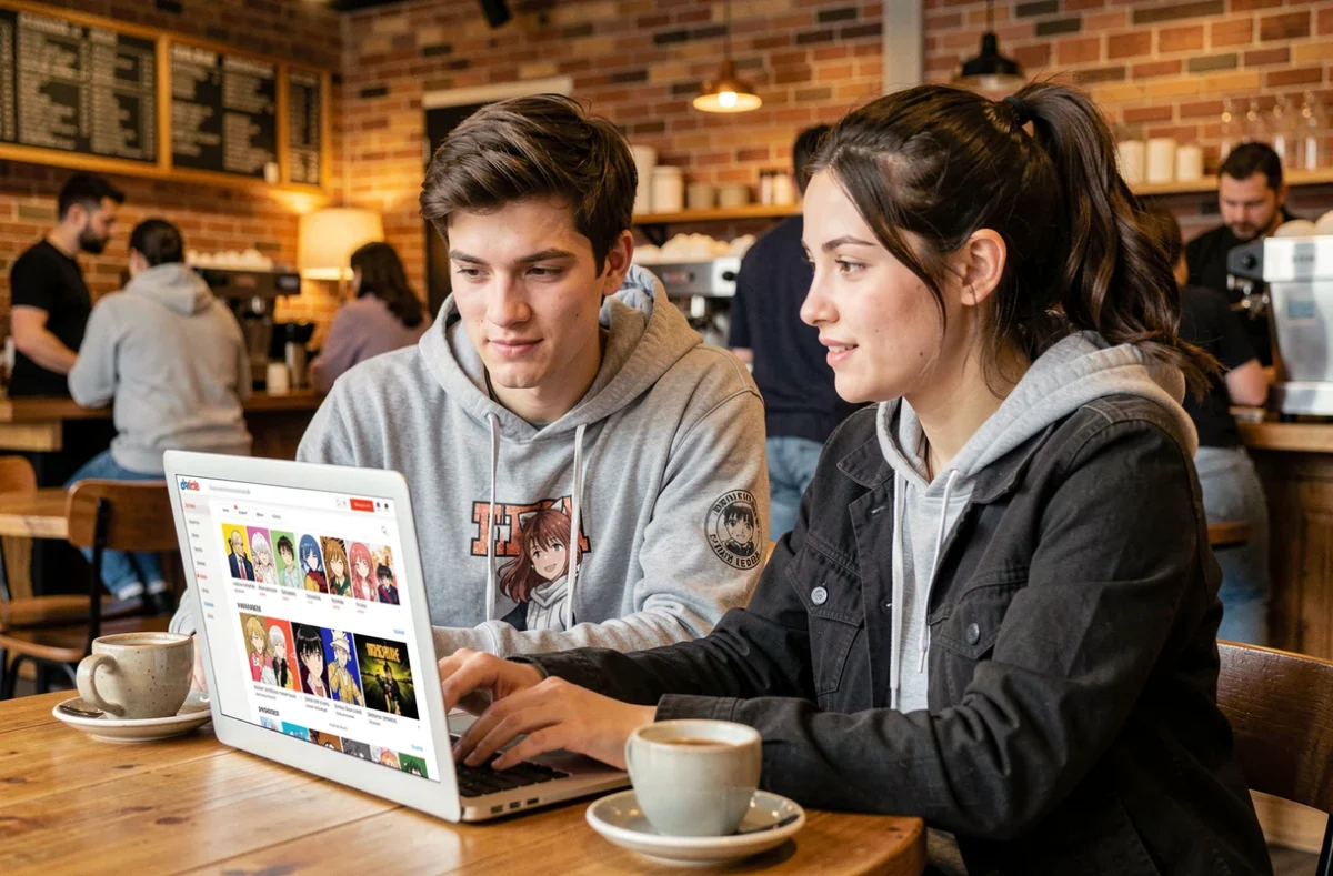 Deux amis découvrant une plateforme de lecture manga en ligne sur un ordinateur portable dans un café