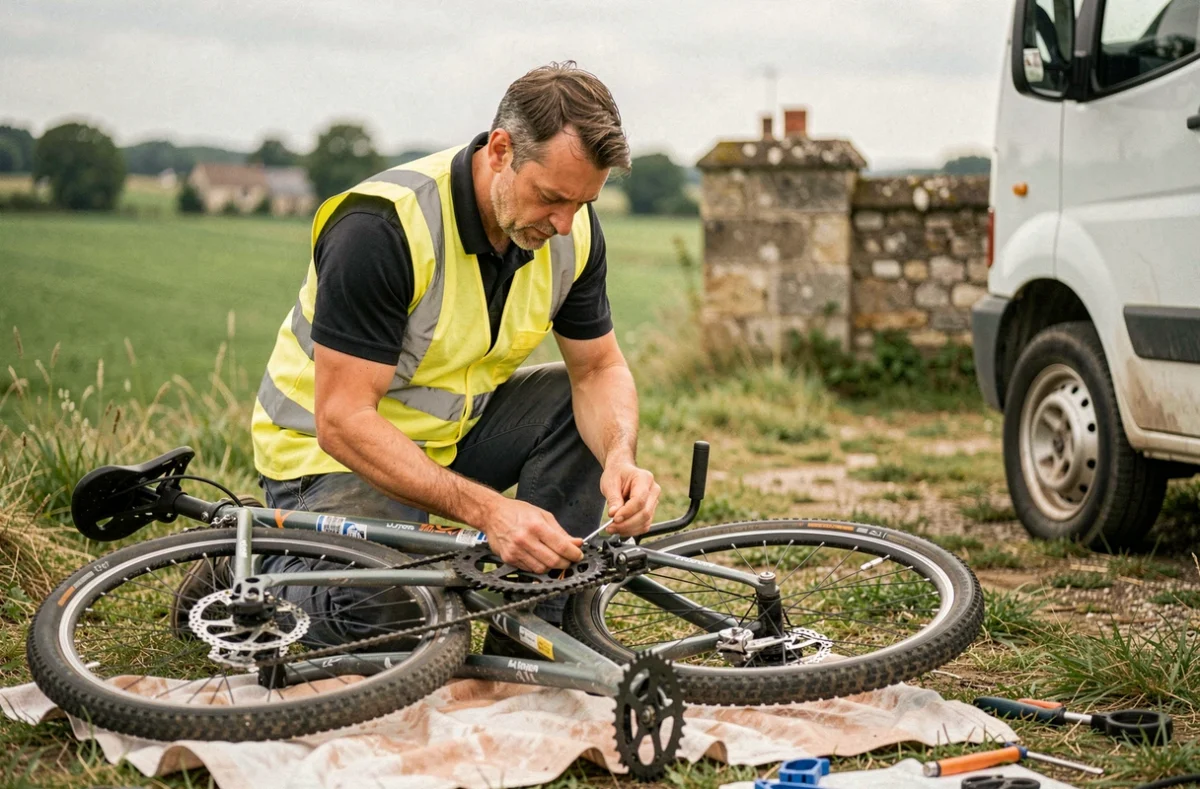 Mécanicien d'Anjou Vélo Service au Lion-d'Angers réparant un vélo en extérieur dans la campagne angevine