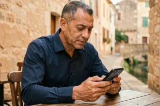 Homme consultant une application mobile des heures de prières à Narbonne dans un café en bord de canal