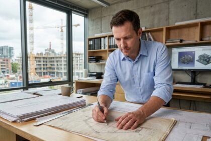 Architecte de bureau d'études analysant des plans de construction détaillés dans un studio moderne avec vue sur un chantier urbain