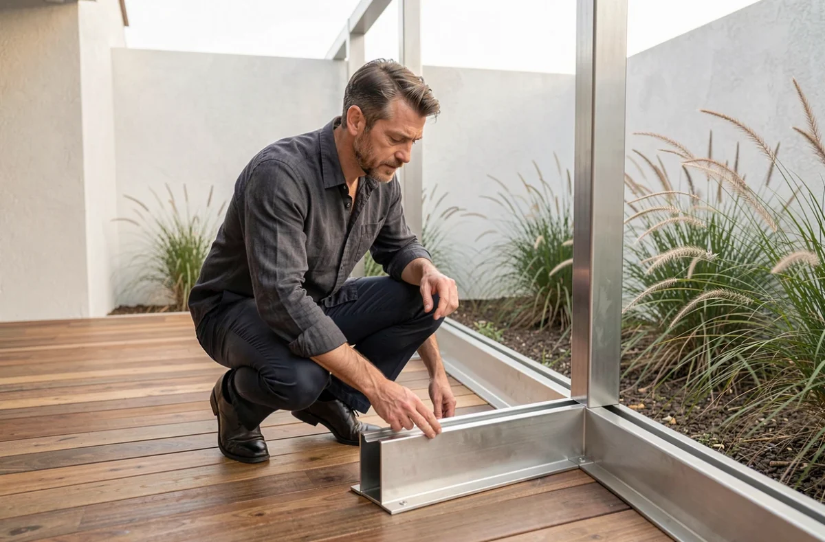 Architecte inspectant un profil en inox installé sur une terrasse extérieure contemporaine en bois