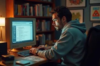 Homme parcourant les archives JVC sur un vieux moniteur CRT dans un bureau rempli de jeux vidéo rétro des années 2000