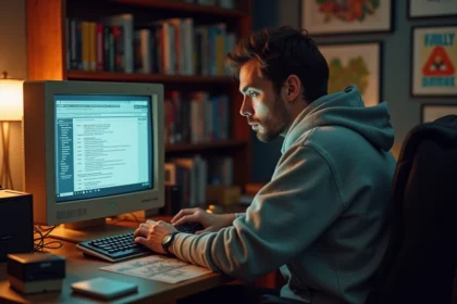 Homme parcourant les archives JVC sur un vieux moniteur CRT dans un bureau rempli de jeux vidéo rétro des années 2000