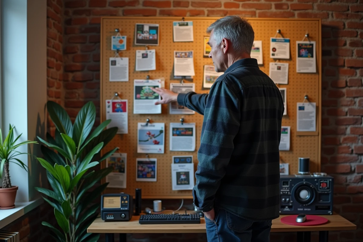 Homme analysant des archives imprimées de JVC épinglées sur un mur dans une salle dédiée aux souvenirs de jeux vidéo rétro