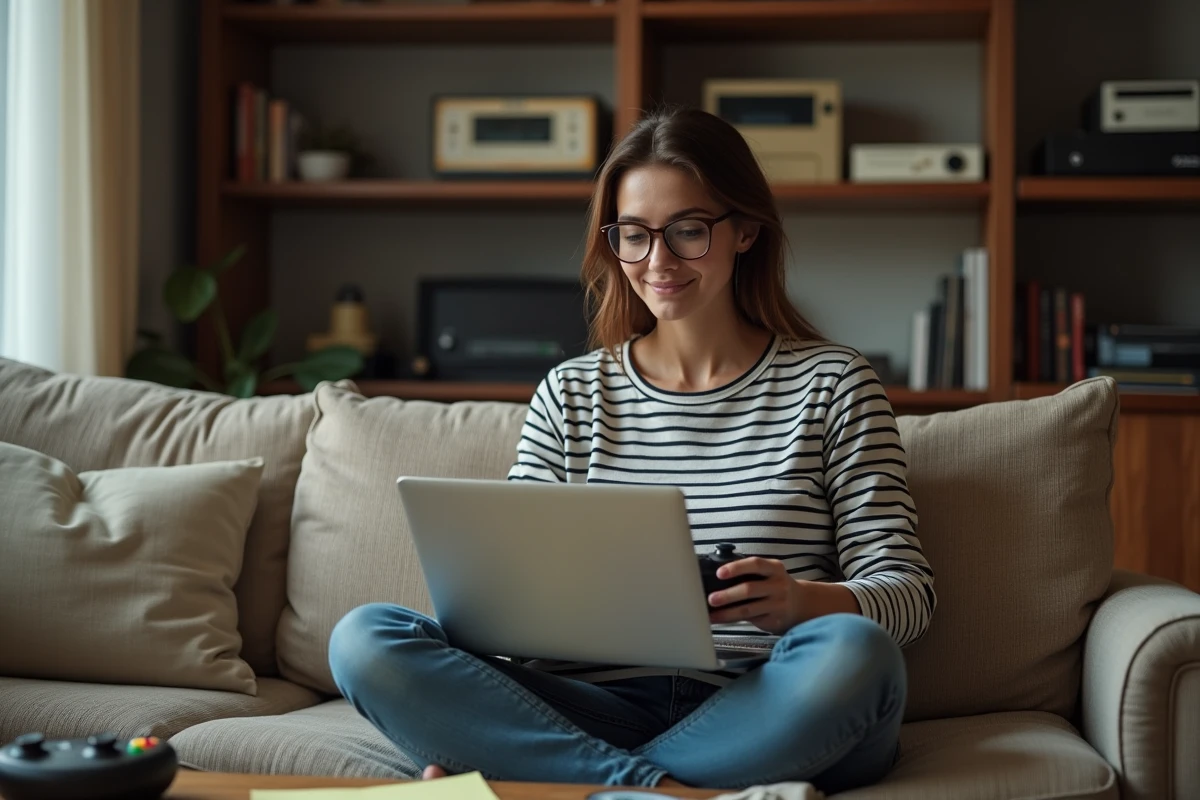 Jeune femme explorant d'anciens forums JVC sur un laptop vintage depuis son salon, avec des guides de jeux rétro posés sur la table