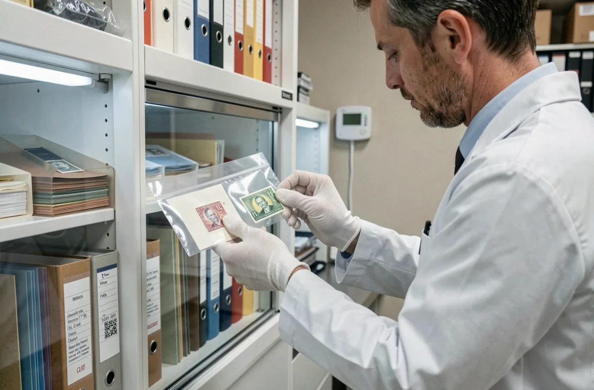 Archiviste philatéliste insérant un timbre rare dans une pochette de conservation dans un laboratoire spécialisé