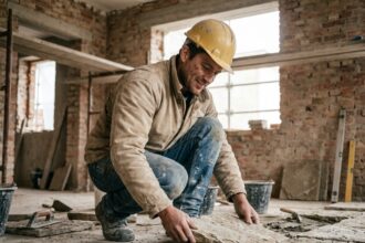 Artisan du bâtiment posant des carrelages en pierre dans un chantier de rénovation, exprimant concentration et fierté du travail bien fait