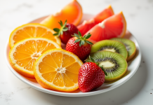 Assortiment de fruits riches en vitamine C sur une assiette blanche