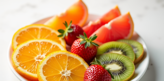 Assortiment de fruits riches en vitamine C sur une assiette blanche