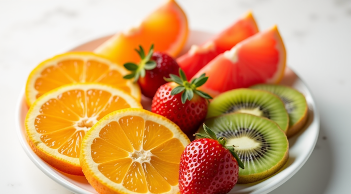 Assortiment de fruits riches en vitamine C sur une assiette blanche