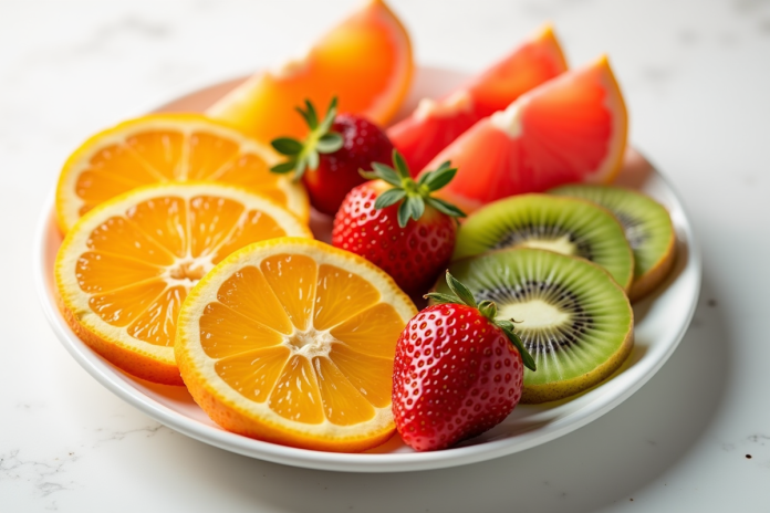 assortiment-fruits-vitamine-c Assortiment de fruits riches en vitamine C sur une assiette blanche