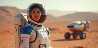 Femme astronaute sur Mars avec combinaison moderne