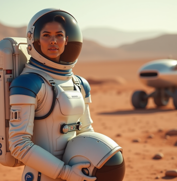 Femme astronaute sur Mars avec combinaison moderne