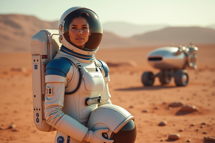 Femme astronaute sur Mars avec combinaison moderne