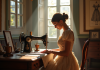 Atelier couture vintage à Paris avec une couturière travaillant sur une robe Lanvin