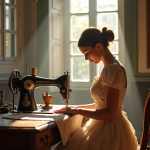Atelier couture vintage à Paris avec une couturière travaillant sur une robe Lanvin