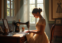 Atelier couture vintage à Paris avec une couturière travaillant sur une robe Lanvin