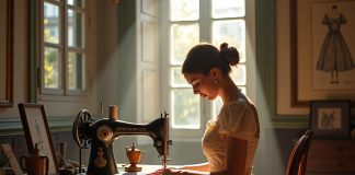 Atelier couture vintage à Paris avec une couturière travaillant sur une robe Lanvin