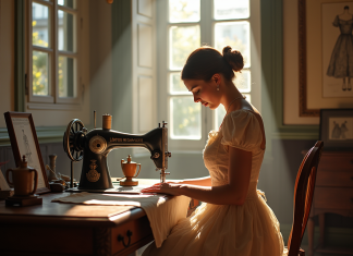 Atelier couture vintage à Paris avec une couturière travaillant sur une robe Lanvin
