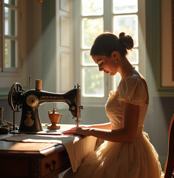 Atelier couture vintage à Paris avec une couturière travaillant sur une robe Lanvin