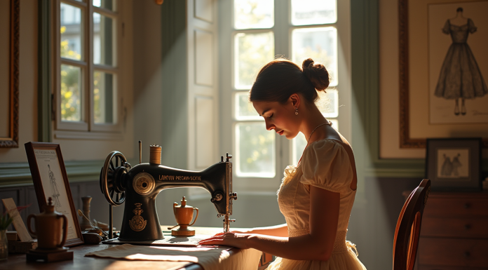 Atelier couture vintage à Paris avec une couturière travaillant sur une robe Lanvin