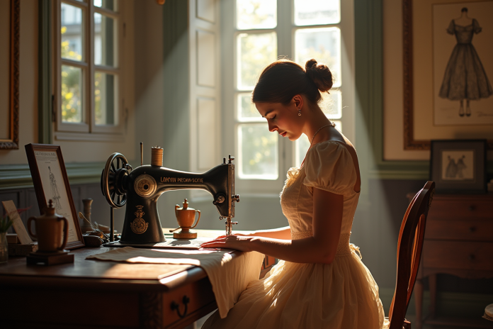 ateliercouturevintage-paris Atelier couture vintage à Paris avec une couturière travaillant sur une robe Lanvin