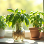 Les bénéfices insoupçonnés de la bouture de basilic Basilic frais avec racines dans un verre ensoleille sur une fenêtre