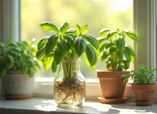 Basilic frais avec racines dans un verre ensoleille sur une fenêtre