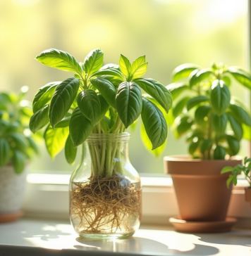 Les bénéfices insoupçonnés de la bouture de basilic Basilic frais avec racines dans un verre ensoleille sur une fenêtre