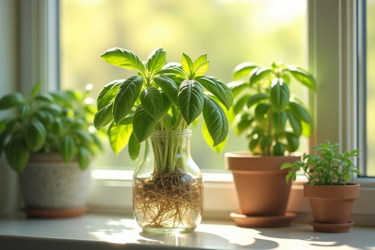 Basilic frais avec racines dans un verre ensoleille sur une fenêtre