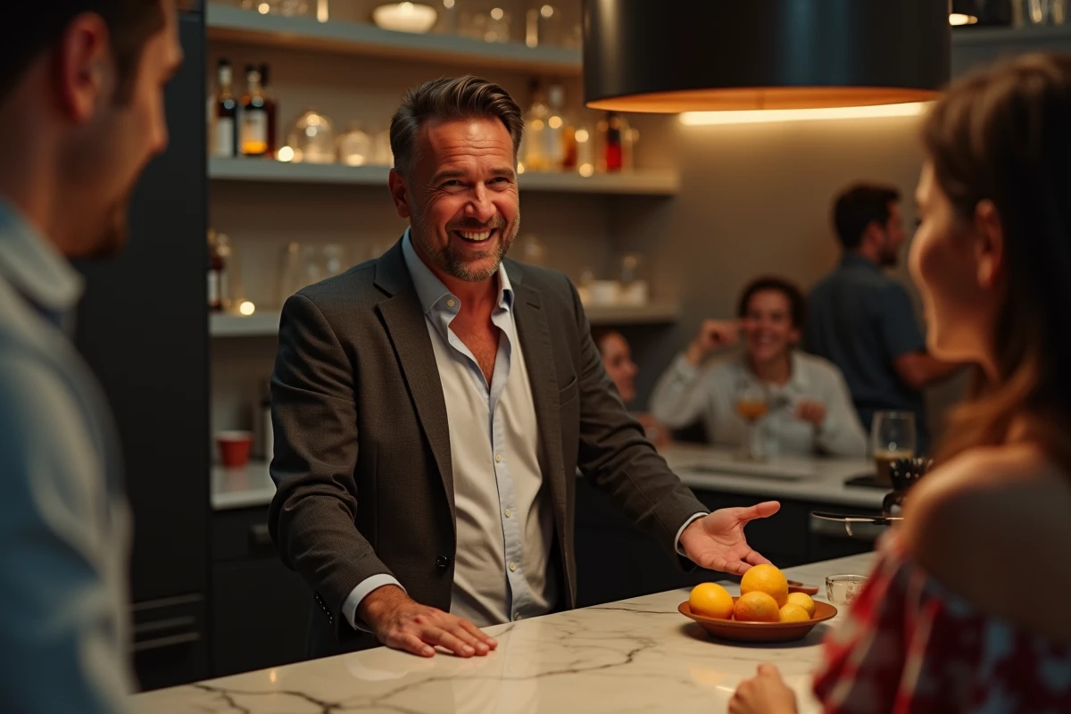 Homme racontant une blague salace avec le sourire à des amis lors d'une soirée entre adultes dans une cuisine moderne