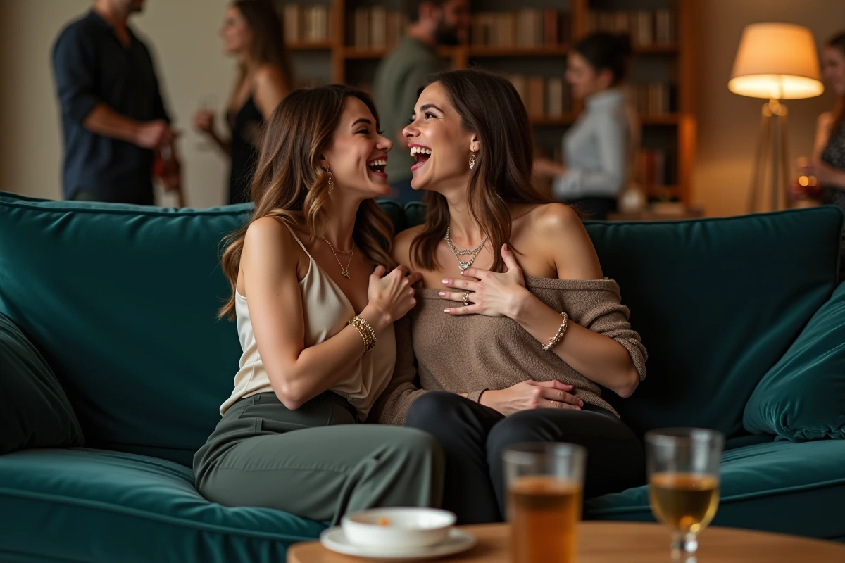 Deux femmes adultes complices lors d'une soirée, l'une murmurant une blague à l'oreille de l'autre qui éclate de rire sur un canapé