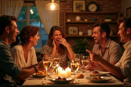 Groupe d'amis adultes riant ensemble autour d'une table de dîner animée lors d'une soirée conviviale
