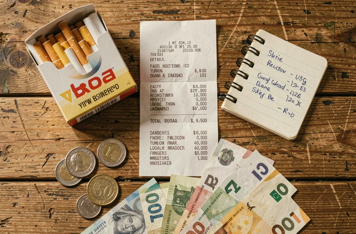 Calcul du budget lié à l'achat de cartouches de cigarettes avec reçu et billets en euros sur une table