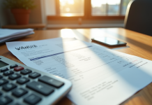 Bulletin de salaire et calculatrice sur un bureau en bois
