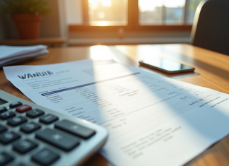 Bulletin de salaire et calculatrice sur un bureau en bois