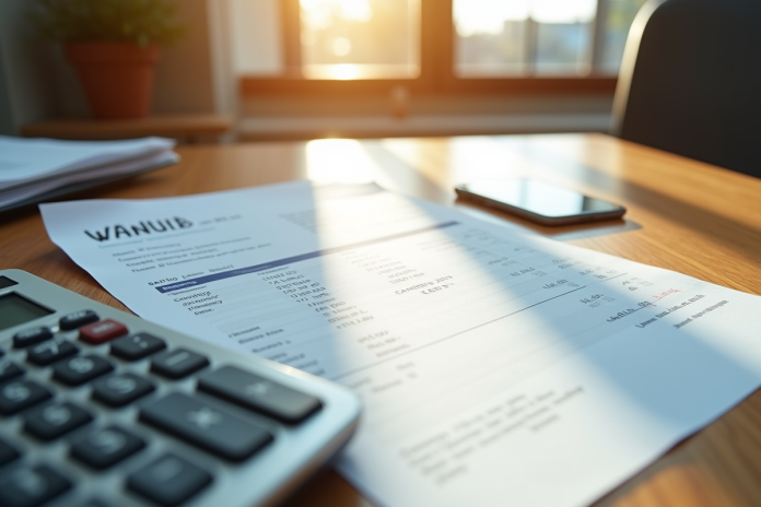 bulletin-paye-calculatrice Bulletin de salaire et calculatrice sur un bureau en bois